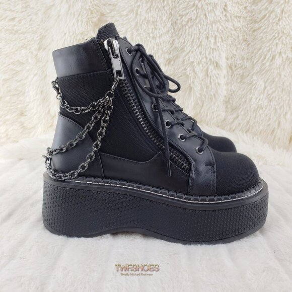 Emily Black Canvas Chain Goth 2" Platform Ankle Boots 114x - Picture 13 of 16